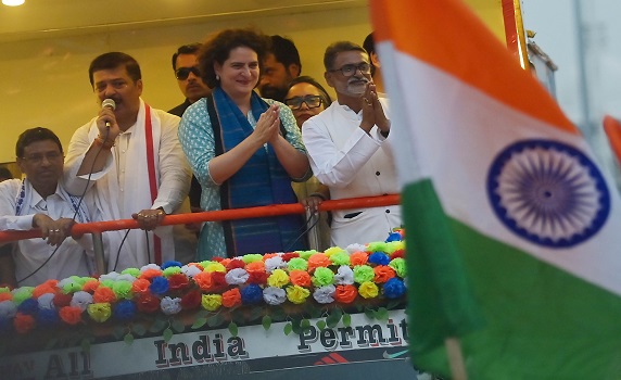 Congress leaders Priyanka Gandhi Vadra, Sudip Roy Barman, and Ashish Saha attended a road show ahead of the Lok Sabha elections in Agartala. PIC- ABHISEK 