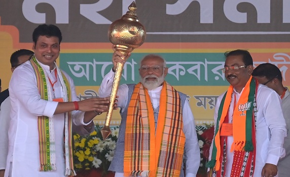 PM Narendra Modi was felicitated during a public rally ahead of the Lok Sabha Elections in Agartala. PIC- ABHISEK