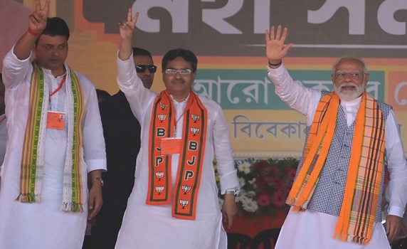 PM Narendra Modi, Tripura CM Manik Saha, the BJP candidate for West and East Tripura, and other leaders were seen during a rally at Agartala. PIC- ABHISEK