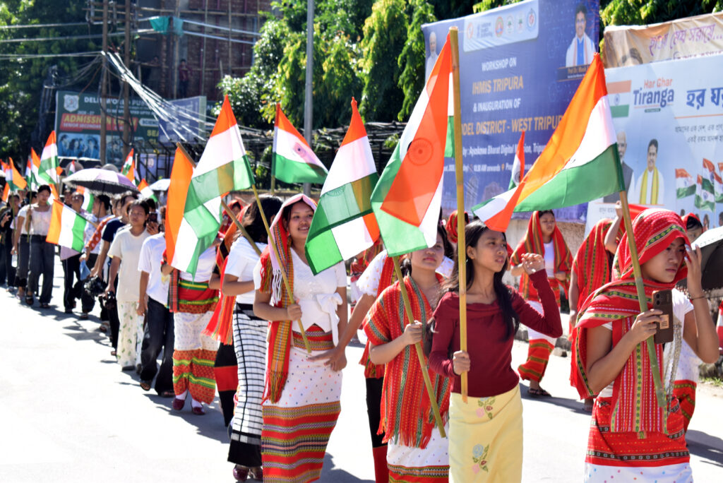 Students take part in a colourful ‘Har Ghar Tiranga’ rally in Agartala ahead of Independence Day on August 12 