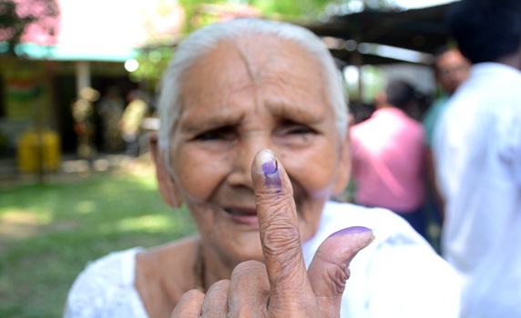 Elderly voters participate in the festival of democracy at Agartala on April 19 