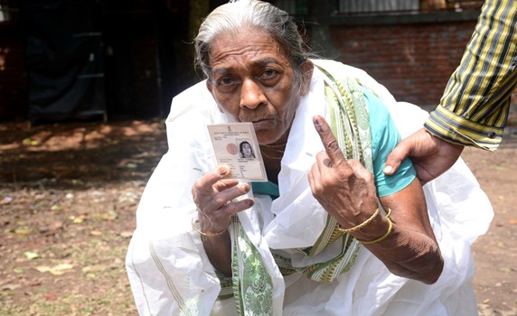 Elderly voters participate in the festival of democracy at Agartala on April 19 