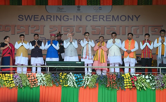 BJP leader Dr. Manik Saha takes oath as Tripura Chief Minister during his-swearing-in ceremony and cabinet ministers along with PM Modi in Agartala. PIC ABHISEK SAHA
