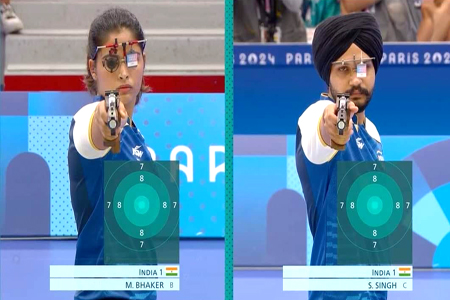 manu bhaker sarabjot singh win olympics bronze medal in 10m air pistol mixed team event